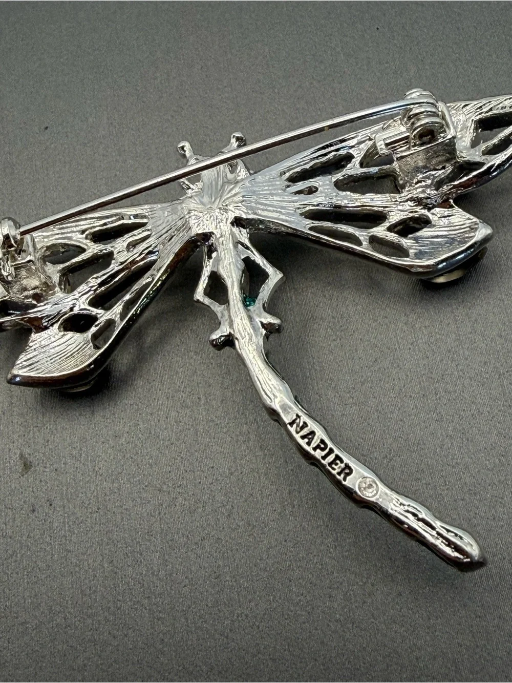 Napier Dragonfly Brooch Silver Tone Iridescent Green Rhinestone 2” Signed Vtg